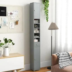 Giantex Armoire de Salle de Bain Haut avec 2 Portes 1 Tiroir 5 Etageres Reglables Dispositif Anti-basculement Meuble Colonne Rangement* Colonne De Salle De Bains|Meuble De Salle De Bains Faible Profondeur