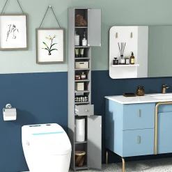 Giantex Armoire de Salle de Bain Haut avec 2 Portes 1 Tiroir 5 Etageres Reglables Dispositif Anti-basculement Meuble Colonne Rangement* Colonne De Salle De Bains|Meuble De Salle De Bains Faible Profondeur