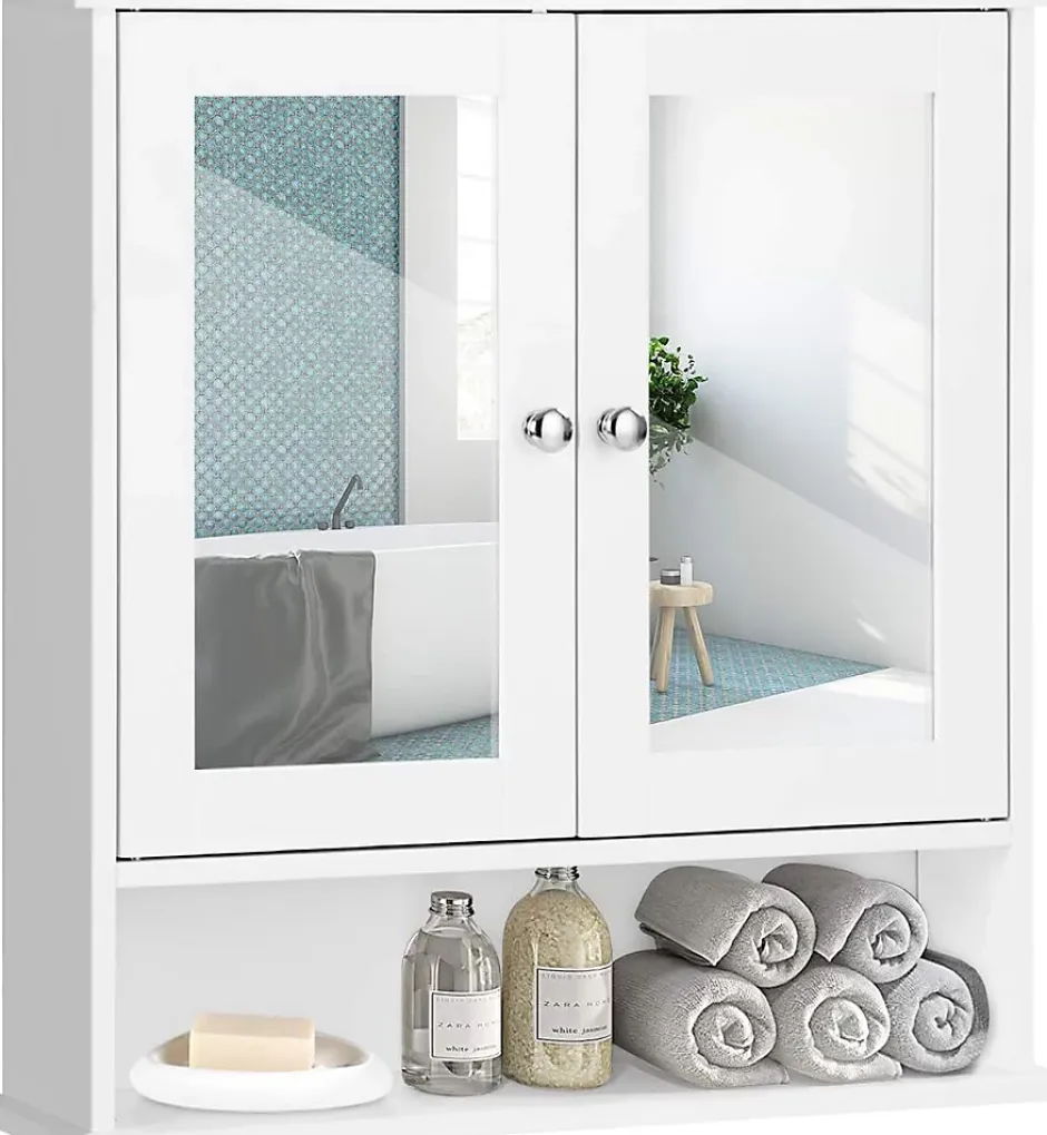 Giantex Armoire de Salle de Bain Murale avec Miroir, Armoire Suspendue avec étagère Réglable, 2 Porte&3 étagère, 56x13x58CM,Blanc