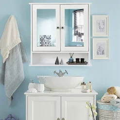 Giantex Armoire de Salle de Bain Murale avec Miroir, Armoire Suspendue avec étagère Réglable, 2 Porte&3 étagère, 56x13x58CM,Blanc