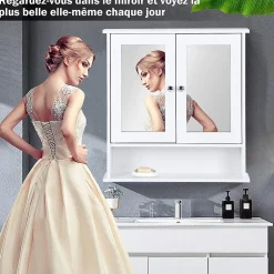 Giantex Armoire de Salle de Bain Murale avec Miroir, Armoire Suspendue avec étagère Réglable, 2 Porte&3 étagère, 56x13x58CM,Blanc
