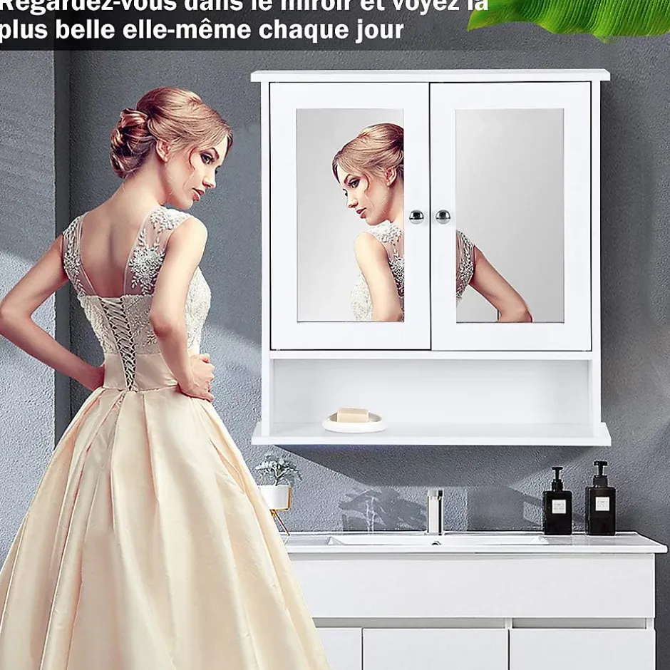 Giantex Armoire de Salle de Bain Murale avec Miroir, Armoire Suspendue avec étagère Réglable, 2 Porte&3 étagère, 56x13x58CM,Blanc
