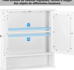 Giantex Armoire de Salle de Bain Murale avec Miroir, Armoire Suspendue avec étagère Réglable, 2 Porte&3 étagère, 56x13x58CM,Blanc