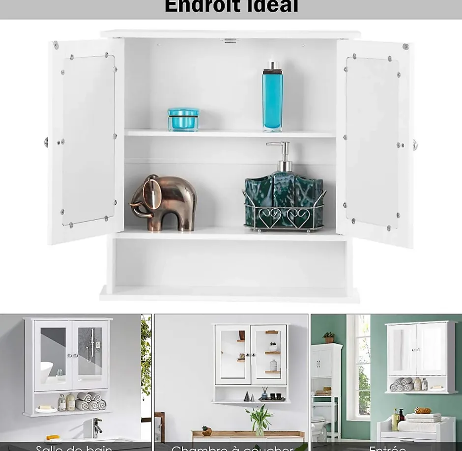 Giantex Armoire de Salle de Bain Murale avec Miroir, Armoire Suspendue avec étagère Réglable, 2 Porte&3 étagère, 56x13x58CM,Blanc