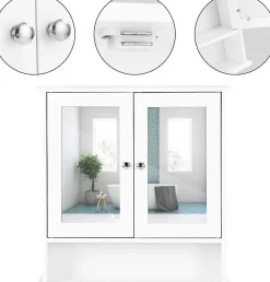 Giantex Armoire de Salle de Bain Murale avec Miroir, Armoire Suspendue avec étagère Réglable, 2 Porte&3 étagère, 56x13x58CM,Blanc