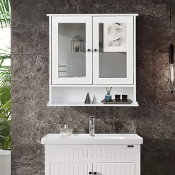 Giantex Armoire de Salle de Bain Murale avec Miroir, Armoire Suspendue avec étagère Réglable, 2 Porte&3 étagère, 56x13x58CM,Blanc