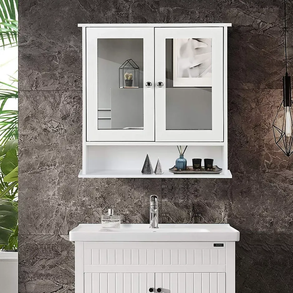 Giantex Armoire de Salle de Bain Murale avec Miroir, Armoire Suspendue avec étagère Réglable, 2 Porte&3 étagère, 56x13x58CM,Blanc