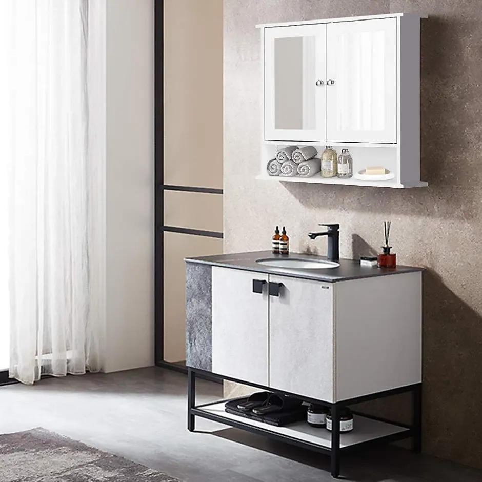 Giantex Armoire de Salle de Bain Murale avec Miroir, Armoire Suspendue avec étagère Réglable, 2 Porte&3 étagère, 56x13x58CM,Blanc