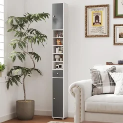 Giantex Armoire de Salle de Bain Haut, avec 2 Portes,1 Tiroir, 5 Étagères,Anti-basculement, pour Petits Espaces,20x20x180cm (Blanc+Gris)