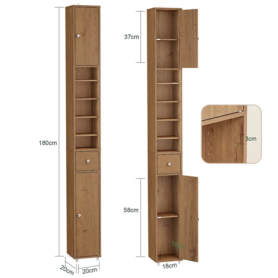 Sobuy Armoire de Salle de Bain Étroite avec Tiroir et Étagères Réglables en Bois
