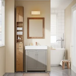 Sobuy Armoire de Salle de Bain Étroite avec Tiroir et Étagères Réglables en Bois