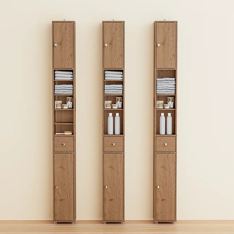 Sobuy Armoire de Salle de Bain Étroite avec Tiroir et Étagères Réglables en Bois