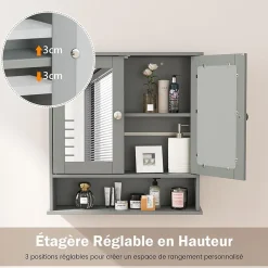 Giantex Armoire de Salle de Bain Murale avec Miroir 56 x 13 x 58 CM Gris Foncé