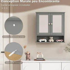 Giantex Armoire de Salle de Bain Murale avec Miroir 56 x 13 x 58 CM Gris Foncé