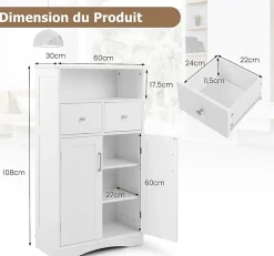 Giantex Armoire de Salle de Bain avec Etagere Reglable Meuble de Rangement sur Pieds avec Tiroirs et Portes Blanc* Armoire De Salle De Bains