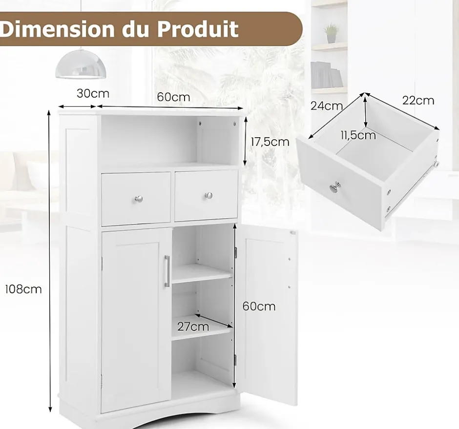 Giantex Armoire de Salle de Bain avec Etagere Reglable Meuble de Rangement sur Pieds avec Tiroirs et Portes Blanc* Armoire De Salle De Bains