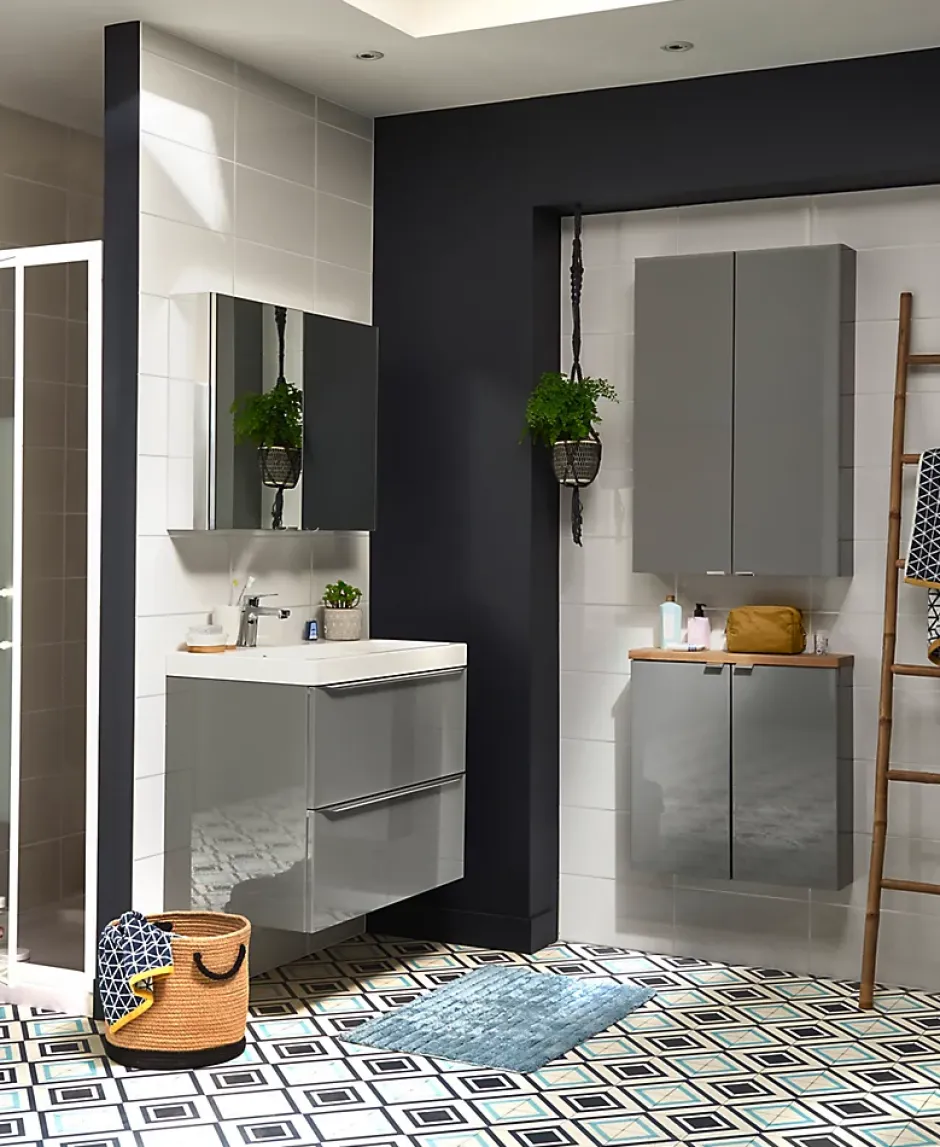 GoodHome Armoire de salle de bains faible profondeur gris brillant l.60 x H.60 x P.15 cm, Imandra* Meuble Wc|Armoire De Salle De Bains