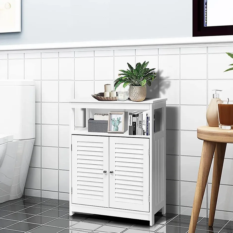 Giantex Armoire de Salle de Bains Meuble de Rangement sur Pieds Armoire en MDF avec 2 Portes a Volets et Etagere Reglable