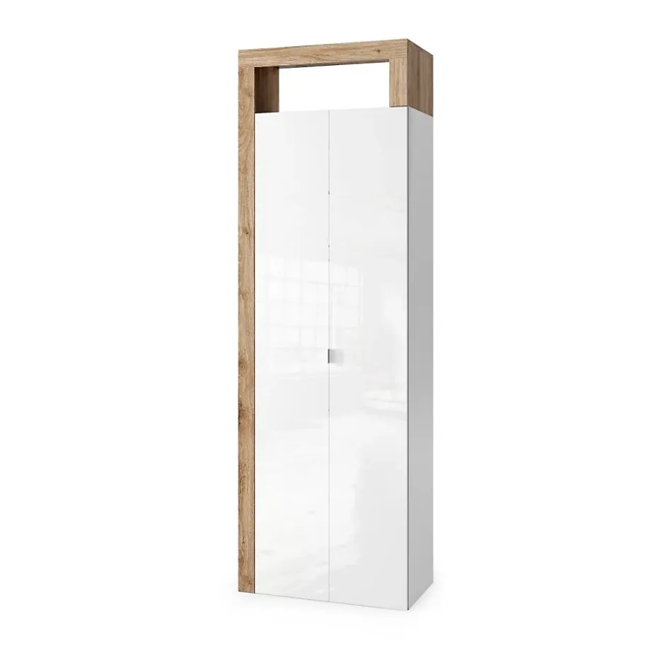 Meublorama Armoire de salle de bains, 2 portes, collection BURA. Coloris blanc brillant laqué et chene clair