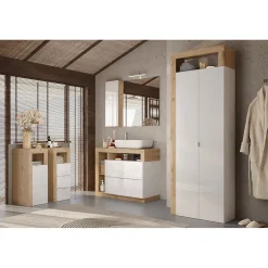 Meublorama Armoire de salle de bains, 2 portes, collection BURA. Coloris blanc brillant laqué et chene clair