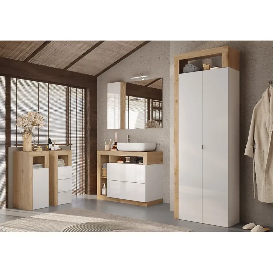 Meublorama Armoire de salle de bains, 2 portes, collection BURA. Coloris blanc brillant laqué et chene clair
