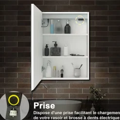 AICA Sanitaire Armoire de toilette avec Miroir LED Anti-Buée, Éclairage 3 Couleurs et Prise Rasoir, Blanc, 60x70 cm,