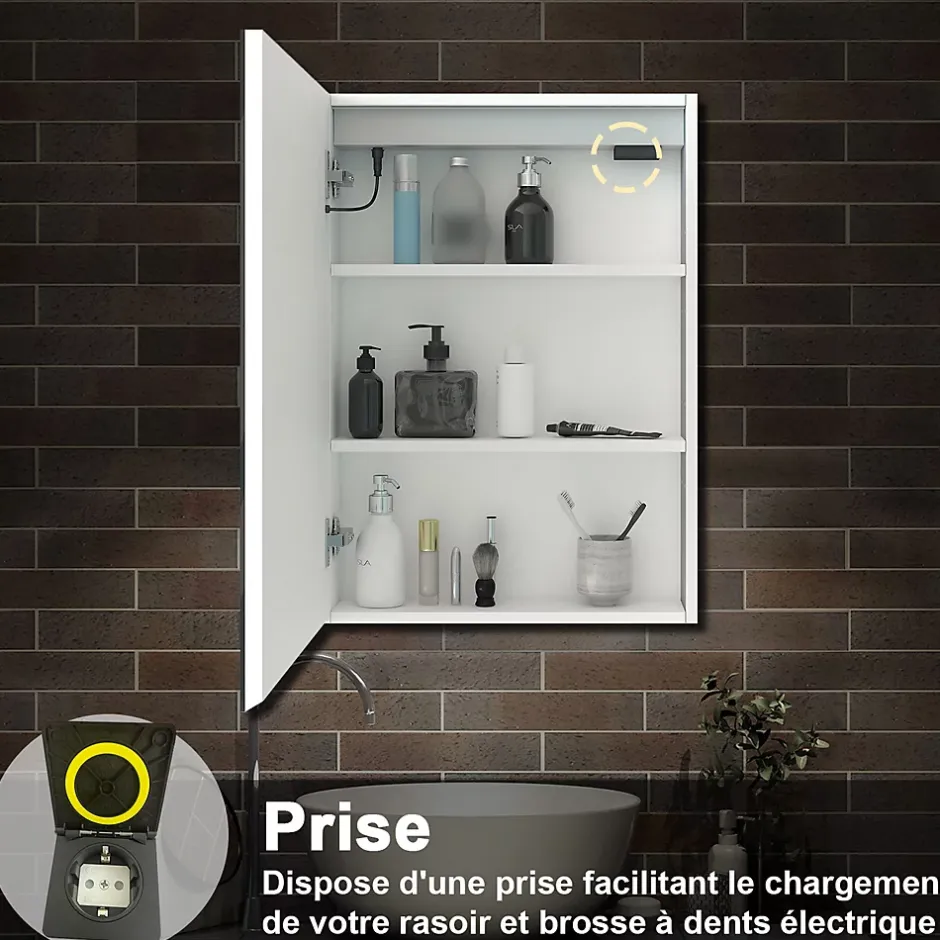 AICA Sanitaire Armoire de toilette avec Miroir LED Anti-Buée, Éclairage 3 Couleurs et Prise Rasoir, Blanc, 60x70 cm,