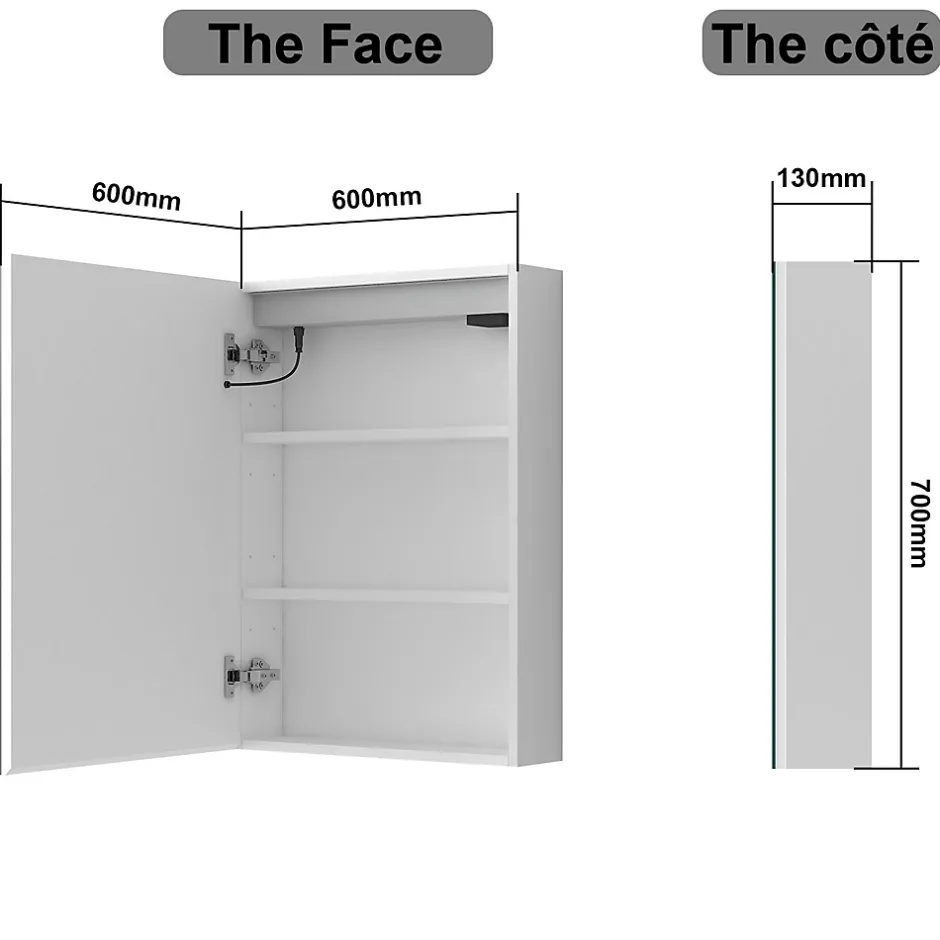 AICA Sanitaire Armoire de toilette avec Miroir LED Anti-Buée, Éclairage 3 Couleurs et Prise Rasoir, Blanc, 60x70 cm,