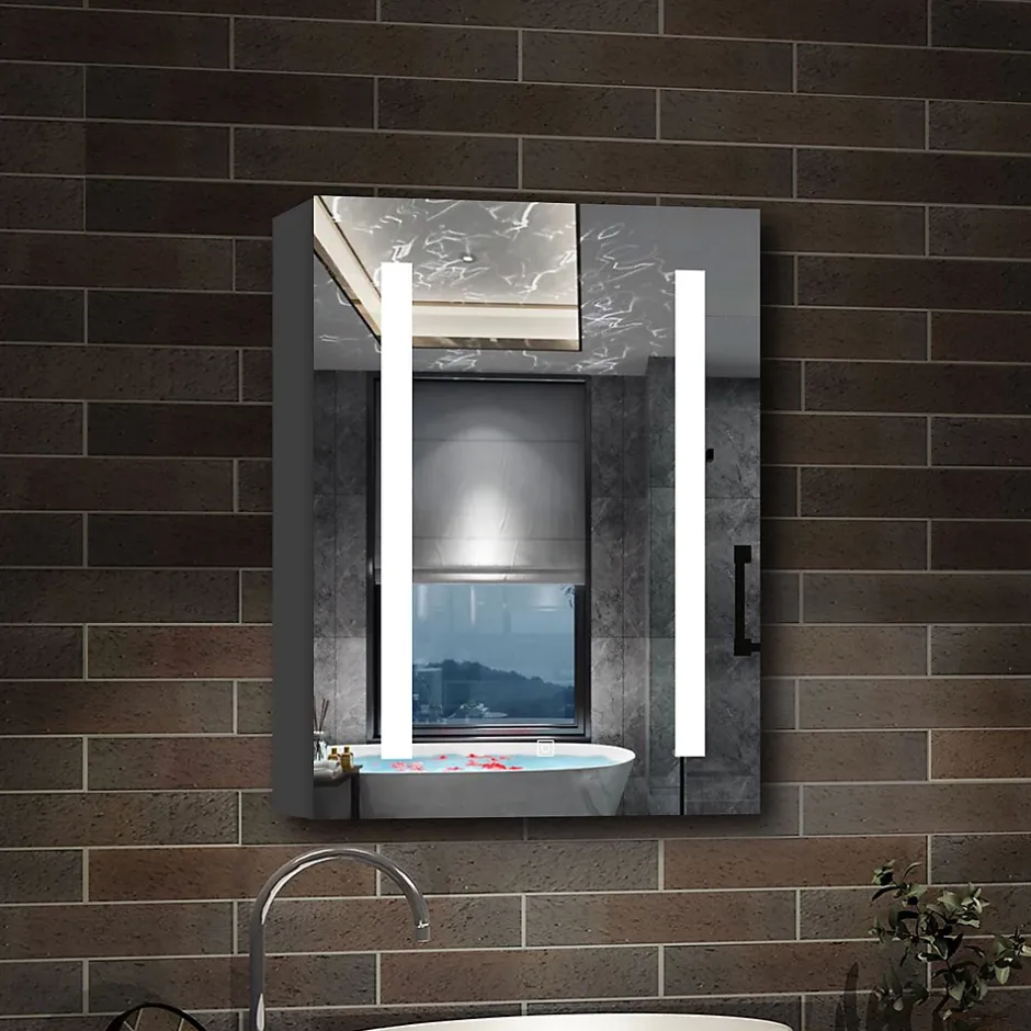 AICA Sanitaire Armoire de toilette avec Miroir LED Anti-Buée, Éclairage 3 Couleurs et Prise Rasoir, Anthracite, 50x70 cm,