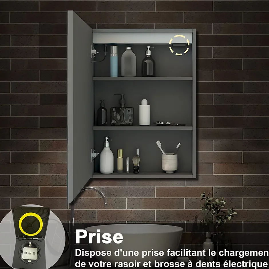 AICA Sanitaire Armoire de toilette avec Miroir LED Anti-Buée, Éclairage 3 Couleurs et Prise Rasoir, Anthracite, 50x70 cm,