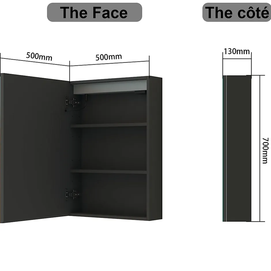 AICA Sanitaire Armoire de toilette avec Miroir LED Anti-Buée, Éclairage 3 Couleurs et Prise Rasoir, Anthracite, 50x70 cm,
