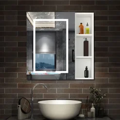 AICA Sanitaire Armoire de toilette avec Miroir LED et Étagère Latérale, Anti-Buée, Éclairage 3 Couleurs + Prise USB, Blanc 80x70 cm* Armoire De Toilette