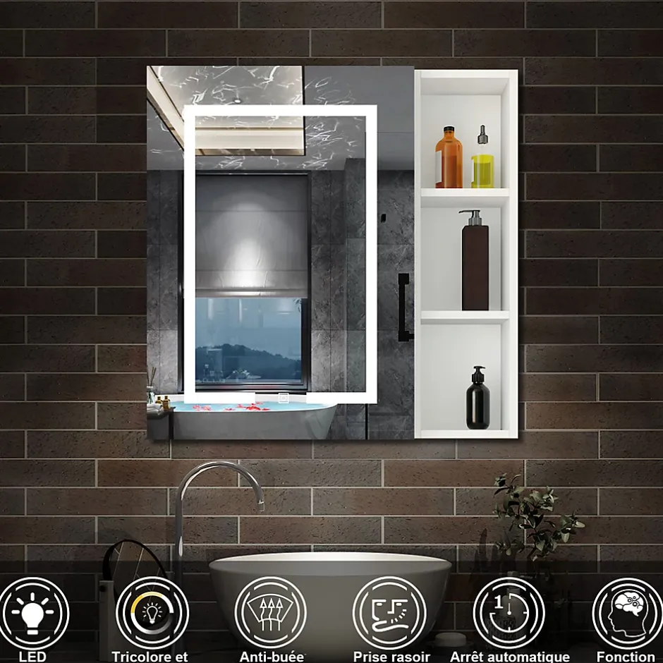 AICA Sanitaire Armoire de toilette avec Miroir LED et Étagère Latérale, Anti-Buée, Éclairage 3 Couleurs + Prise USB, Blanc 80x70 cm* Armoire De Toilette