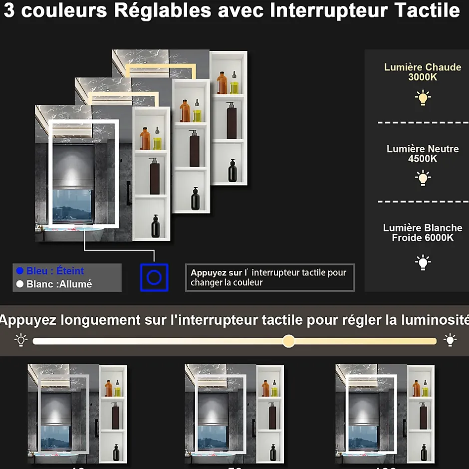 AICA Sanitaire Armoire de toilette avec Miroir LED et Étagère Latérale, Anti-Buée, Éclairage 3 Couleurs + Prise USB, Blanc 80x70 cm* Armoire De Toilette