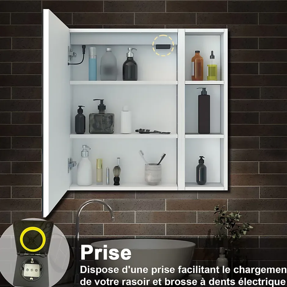 AICA Sanitaire Armoire de toilette avec Miroir LED et Étagère Latérale, Anti-Buée, Éclairage 3 Couleurs + Prise USB, Blanc 80x70 cm* Armoire De Toilette