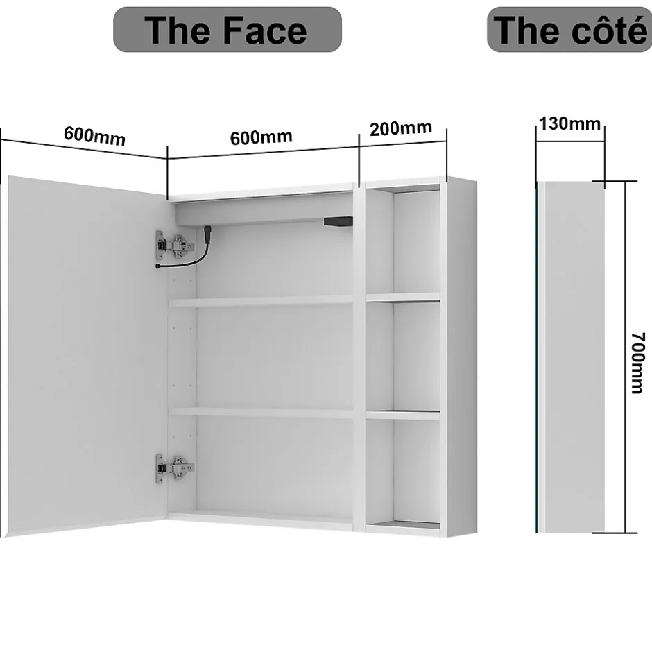 AICA Sanitaire Armoire de toilette avec Miroir LED et Étagère Latérale, Anti-Buée, Éclairage 3 Couleurs + Prise USB, Blanc 80x70 cm* Armoire De Toilette
