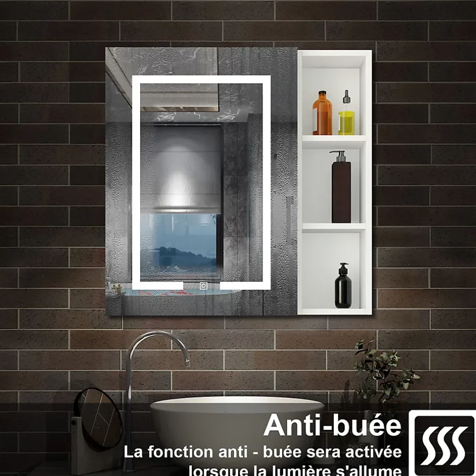 AICA Sanitaire Armoire de toilette avec Miroir LED et Étagère Latérale, Anti-Buée, Éclairage 3 Couleurs + Prise USB, Blanc 80x70 cm* Armoire De Toilette