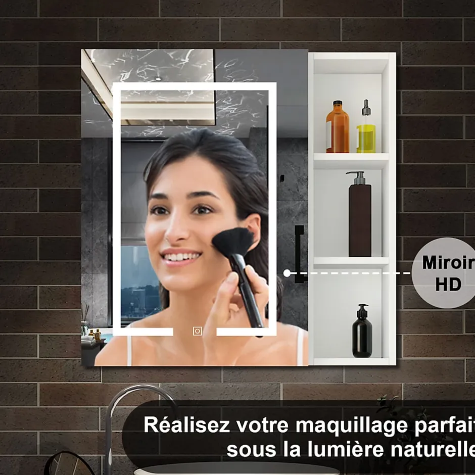AICA Sanitaire Armoire de toilette avec Miroir LED et Étagère Latérale, Anti-Buée, Éclairage 3 Couleurs + Prise USB, Blanc 80x70 cm* Armoire De Toilette