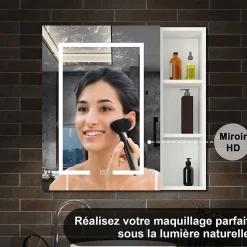 AICA Sanitaire Armoire de toilette avec Miroir LED et Étagère Latérale, Anti-Buée, Éclairage 3 Couleurs + Prise USB, Blanc 80x70 cm* Armoire De Toilette