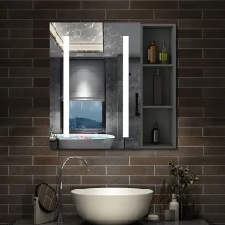 AICA Sanitaire Armoire de toilette avec Miroir LED et Étagère Latérale, Anti-Buée, Éclairage 3 Couleurs + Prise, Anthracite 80x70 cm* Armoire De Toilette