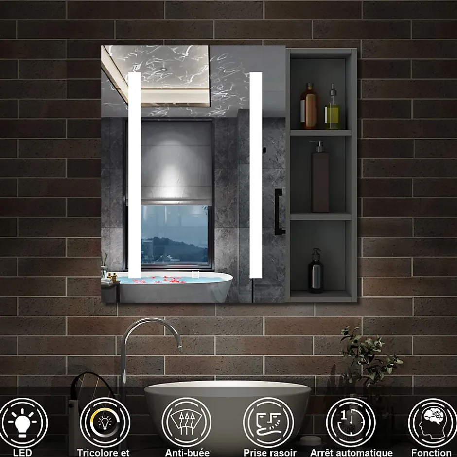 AICA Sanitaire Armoire de toilette avec Miroir LED et Étagère Latérale, Anti-Buée, Éclairage 3 Couleurs + Prise, Anthracite 80x70 cm* Armoire De Toilette