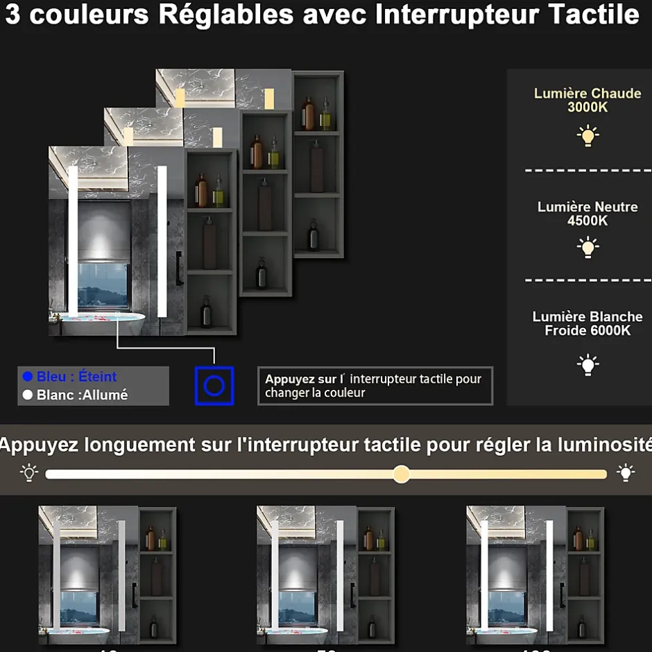 AICA Sanitaire Armoire de toilette avec Miroir LED et Étagère Latérale, Anti-Buée, Éclairage 3 Couleurs + Prise, Anthracite 80x70 cm* Armoire De Toilette