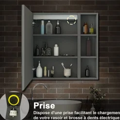 AICA Sanitaire Armoire de toilette avec Miroir LED et Étagère Latérale, Anti-Buée, Éclairage 3 Couleurs + Prise, Anthracite 80x70 cm* Armoire De Toilette