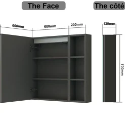 AICA Sanitaire Armoire de toilette avec Miroir LED et Étagère Latérale, Anti-Buée, Éclairage 3 Couleurs + Prise, Anthracite 80x70 cm* Armoire De Toilette