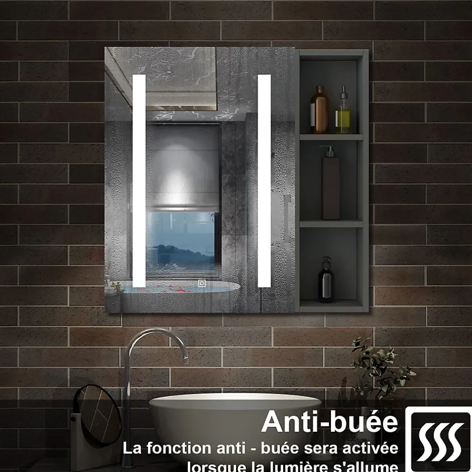 AICA Sanitaire Armoire de toilette avec Miroir LED et Étagère Latérale, Anti-Buée, Éclairage 3 Couleurs + Prise, Anthracite 80x70 cm* Armoire De Toilette