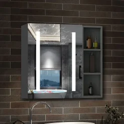 AICA Sanitaire Armoire de toilette avec Miroir LED et Étagère Latérale, Anti-Buée, Éclairage 3 Couleurs + Prise, Anthracite 80x70 cm* Armoire De Toilette