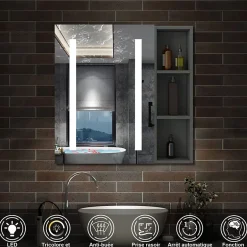 AICA Sanitaire Armoire de toilette avec Miroir LED et Étagère Latérale, Anti-Buée, Éclairage 3 Couleurs + Prise, Anthracite 60x70 cm* Armoire De Toilette