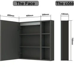 AICA Sanitaire Armoire de toilette avec Miroir LED et Étagère Latérale, Anti-Buée, Éclairage 3 Couleurs + Prise, Anthracite 60x70 cm* Armoire De Toilette