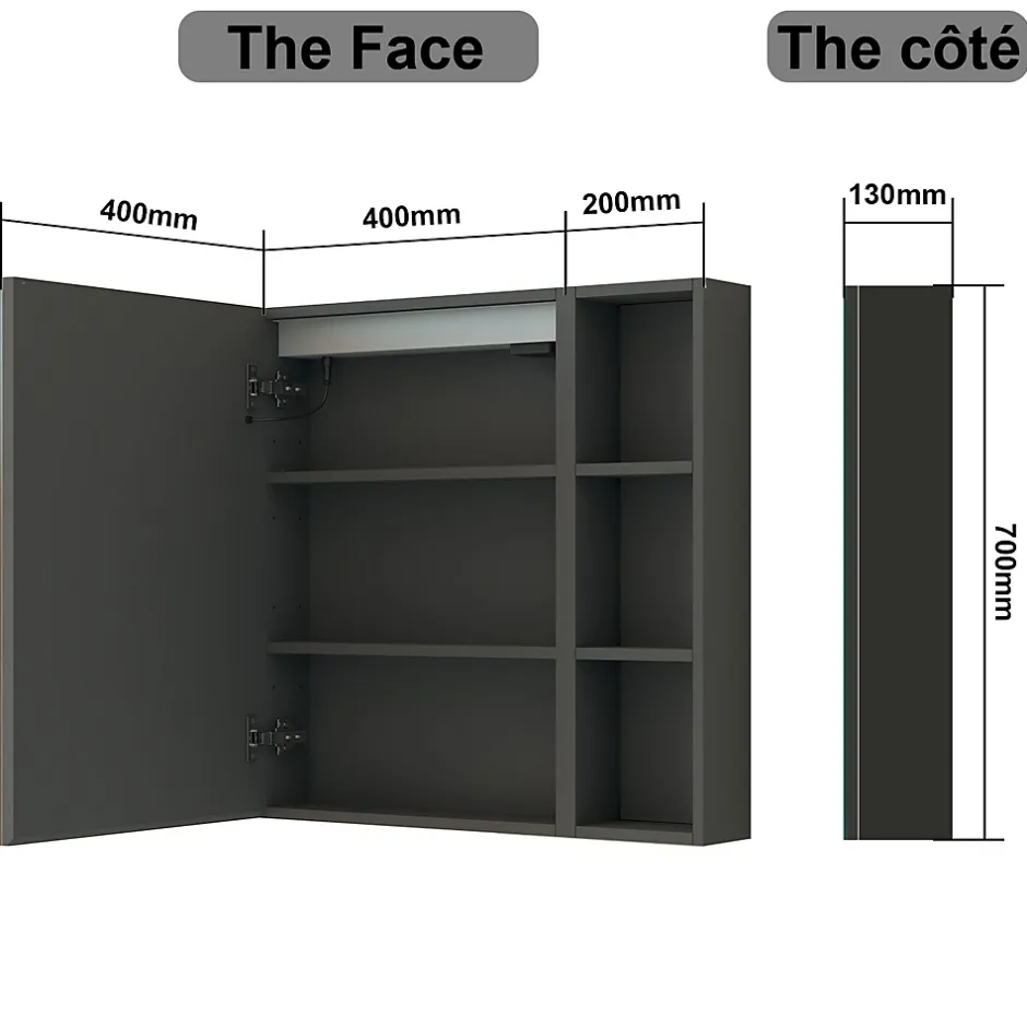 AICA Sanitaire Armoire de toilette avec Miroir LED et Étagère Latérale, Anti-Buée, Éclairage 3 Couleurs + Prise, Anthracite 60x70 cm* Armoire De Toilette