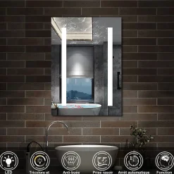 AICA Sanitaire Armoire de toilette avec Miroir LED Anti-Buée, Éclairage 3 Couleurs et Prise Rasoir, Anthracite, 60x70 cm,